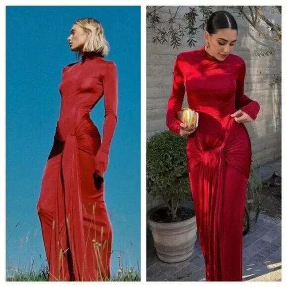 NWT Helsa Studio Red Slinky Jersey Sarong Long Sleeve Maxi Dress size M - Picture 1 of 13